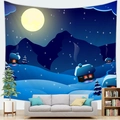 Cozy winter night cabin wall tapestry with mountain and moon displayed in modern living room - 100x70(Peach Skin) / Winter Night Snowy Mountain Cabin and Full Moon (5)