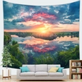 Tapiz de paisaje forestal con atardecer en el lago colgado sobre un sofá moderno - 150x100cm (Piel de melocotón) / Paisaje del Lago al Atardecer