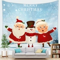 Kerst wandkleed met de Kerstman en sneeuwpop hangend boven een bank in de woonkamer - 100X70 / Cartoon Kerstfiguren (11)
