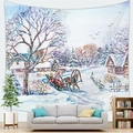 Gedetailleerd kersttapijt met de Kerstman in een koets in een besneeuwd winterlandschap - 100X70 / Romantisch Ijsblauw Sneeuwlandschap (10)
