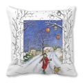 Housse de coussin d'hiver avec illustration fille et chat sur tissu peau de pêche - Fille et Chat sous la Neige (36)