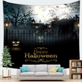 Detail van Halloween-wandtapijt met boskasteel en gouden tekst Happy Halloween - 150x100cm / Perzikhuid Versie / Design A (Happy Halloween)