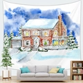 Tapiz navideño con escena de nieve en acuarela y casa de ladrillo rojo para decoración mural - Casa de Nieve de Ladrillo Rojo (5)