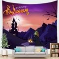 Halloween wandkleed met boskasteel, heks en vleermuizen boven een grijze bank - 100cm x 70cm / Ontwerp 9 (Heks pompoen)