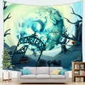 Detail van Halloween wandtapijt met blauwe maan, spookkasteel en begraafplaatsmotieven - 150x100cm / Perzikhuid Versie / Design F (Cartoon Griezel)