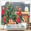 Christmas tree peach skin tapestry wall hanging featuring a cozy family fireplace scene - 100x70(Peach Skin) / Family Decorating Christmas Tree Cozy Scene (12)