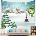 Tapiz de pared de pueblo nevado con un muñeco de nieve gigante con gorro verde y escoba - 100X70 / Pueblo de Muñeco de Nieve (4)