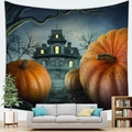 Detail of Halloween tapestry showing pumpkin castle and spooky night scene on wall - Deep Orange Pumpkin (10)