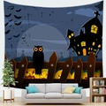 Halloween tapestry with pumpkin, castle, and owl icons on dark blue wall background - Owl Castle (8)