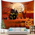 Halloween tapestry detail showing a spooky castle, pumpkins and bats over a sofa - Gothic House (6) / 150x100(Peach Skin)