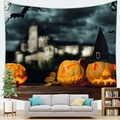 Detail of Halloween tapestry with glowing jack-o-lanterns and spooky castle above a sofa - Witch Pumpkin (11)