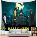 Detailed view of Halloween tapestry featuring haunted castle and ghost over a sofa - Night Sky Reaper Wizard(12)