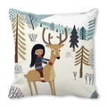 Housse de coussin Noël avec fille sur renne et sapins en tissu microfibre peau de pêche - Fille à dos de renne illustration d'hiver (40)