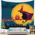 Halloween tapestry with black cat and pumpkin lanterns above a gray sofa in a living room - Witch Black Cat (10)