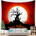Detail showing a Halloween tapestry with moon and pumpkin lights on a living room wall - 150x100(Peach Skin) / Bloody Moon (1)