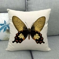 Square cushion cover with vivid yellow and orange butterfly print on beige linen - Yellow Black Orange Butterfly (19) / 45x45cm