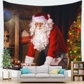 Christmas Santa Claus tapestry hanging above a sofa in a warm indoor living room setting - Wooden Workshop Scene (7)