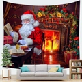 Detail of Santa Claus tapestry hanging on wall featuring cozy fireplace and Christmas tree - Reading at Desk Scene (12)