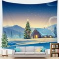 Tapiz navideño con paisaje de cabaña nevada y cielo nocturno con estrellas - Cabaña Estrellada (3)