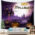 Halloween tapestry with spooky castle and glowing pumpkins above a sofa for wall decor - 150x100(Peach Skin) / Purple Castle (2)