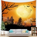 Halloween wandkleed met pompoen en vleermuizen boven een grijze bank in de woonkamer - 100cm x 70cm / Ontwerp 5 (Geest pompoen)