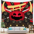 Detail of Halloween skull pumpkin tapestry with samurai swords on living room wall - Japanese Pumpkin Samurai (2) / 150x100(Peach Skin)