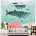 Cartoon whale ocean tapestry wall hanging above sofa in a modern minimalist living room - Two Cartoon Whales (7) / 100x70cm (Peach Skin)