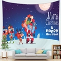 Detail view of cartoon Santa Claus and reindeer tapestry hanging over a living room sofa - Elf and Gifts (10) / 100x70(Peach Skin)