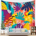 Vibrant tropical abstract leaf tapestry shown as a decorative wall hanging in a living room - 150x100(Peach Skin) / Abstract Color Block Leaf Style (4)