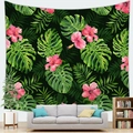 Détail d'une tapisserie tropicale avec fleurs d'hibiscus et feuilles de palmier - Style Hibiscus Rose Noir (3)