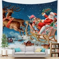 Vintage Christmas tapestry with Santa Claus and reindeer sleigh over snowy village - Vintage Illustration (1) / 150x100(Peach Skin)