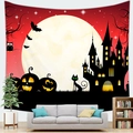 Halloween tapestry with pumpkin, spooky castle, and black cat silhouette on moonlit night - Silhouette Black Cat (12)