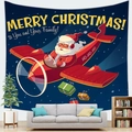 Christmas tapestry featuring Santa flying a red airplane on a dark blue starry night sky - Airplane Santa (4) / 150x100(Peach Skin)