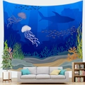 Peach skin tapestry featuring giant shark silhouette and colorful coral reef landscape - Deep Sea Shark & Jellyfish (5) / 100x70cm (Peach Skin)