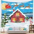 Christmas tapestry featuring Santa Claus and snowman displayed over a modern sofa - 150x100 / Peach Skin / Sleigh Team and Snow Village Style (4)