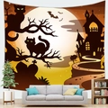 Halloween wandkleed met spookkasteel en zwarte katten als decoratie voor de woonkamer - Stijl 7