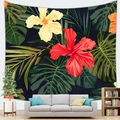 Tropical wall tapestry featuring red hibiscus flowers and green monstera leaves over a sofa - 150x100(Peach Skin) / Red Yellow Hibiscus Style (1)