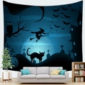 Halloween wandkleed met heks, vleermuizen en zwarte kat in een sfeervolle woonkamer setting - Stijl 3