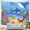 Cartoon ocean world tapestry with blue whale and sea turtles above a grey sofa - Diverse Ocean World (12) / 100x70cm (Peach Skin)