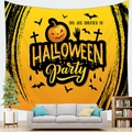 Detail of Halloween party wall tapestry hanging over a sofa in a modern living room - Pumpkin Zombie Hand Party Style