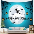 Detail of Halloween tapestry with moon and pumpkin lanterns hanging in a cozy living room - Flying Witch With Moon Style