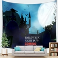 Halloween pumpkin graveyard wall tapestry with full moon and castle over a sofa decoration - Cemetery Castle Night Style