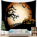 Close-up of Halloween pumpkin tapestry on a living room wall above a grey fabric sofa - Night Forest Owl Pumpkin Style