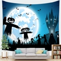Detail view of Halloween pumpkin scarecrow tapestry hung over a sofa in a living room - Dark Silhouette Ghost Castle Style