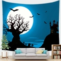 Halloween wandkleed met volle maan en spookkasteel op een donkerblauwe nachthemel - 150x100(Perzikhuid) / Stijl 2
