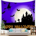 Purple Halloween tapestry with witch, bats, and castle silhouettes for spooky wall decor - Purple Witch (11)