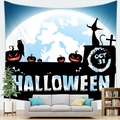 Halloween wall tapestry featuring pumpkin lantern and black cat in modern living room décor - Black Cat Pumpkin Moon Style