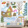 Watercolor Christmas tapestry with snow cabin and festive trees over a modern sofa - Watercolor Cabin Candle (1) / 150x100(Peach Skin)