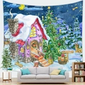 Cozy indoor scene of a Christmas tree tapestry hung above a sofa for festive wall decor - Pink Purple Snow Cabin (2) / 150x100(Peach Skin)