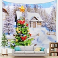 Christmas tree wall tapestry featuring festive ornaments and snowy cabin for home decor - Ornament Christmas Tree European Cabin (10)